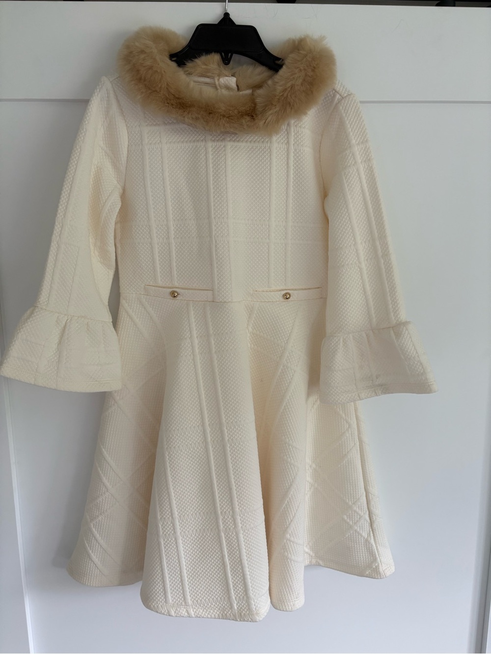 Janie and Jack Cream Textured A-Line Dress with Faux Fur Trim